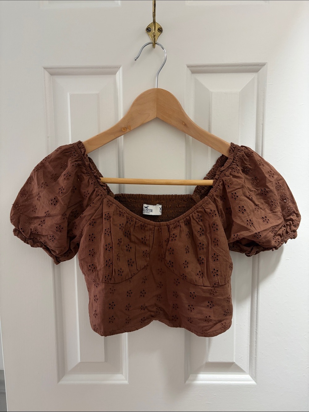 Brown Eyelet Puff-Sleeve Crop Top